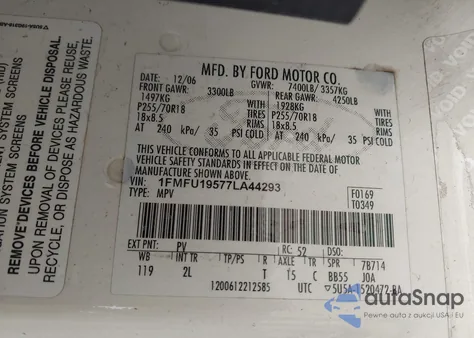 2007 Ford Expedition Limited z USA, uszkodzony, nr VIN 1FMFU19577LA44293